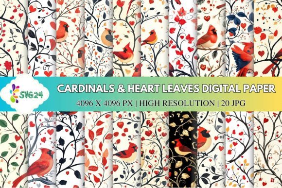 Cardinals Heart Leaves Digital Paper for Romantic Designs