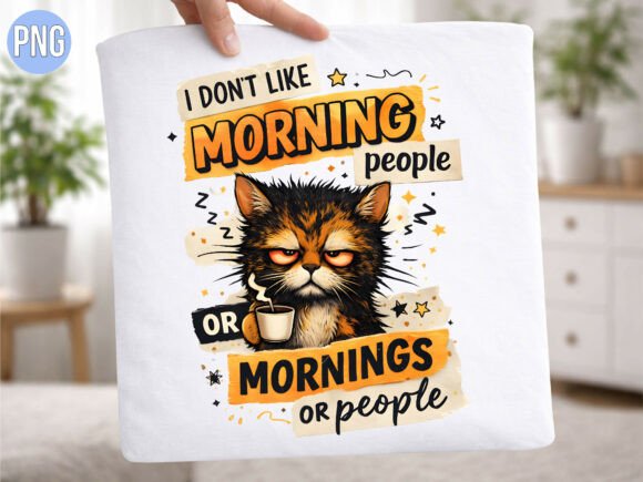 Funny Grumpy Cat Morning Coffee PNG for Design
