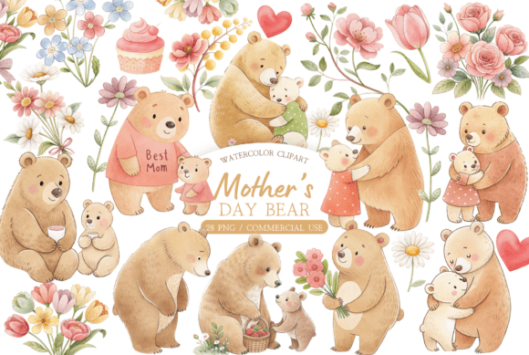 Watercolor Mama Bear and Baby Clipart: The Perfect Resource for Heartfelt Mother's Day Creations